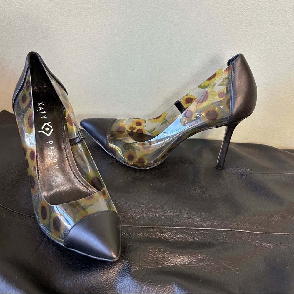 Katy Perry Black Clear Floral Sunflower The Meline Heeled Pumps Shoes - Picture 6 of 14